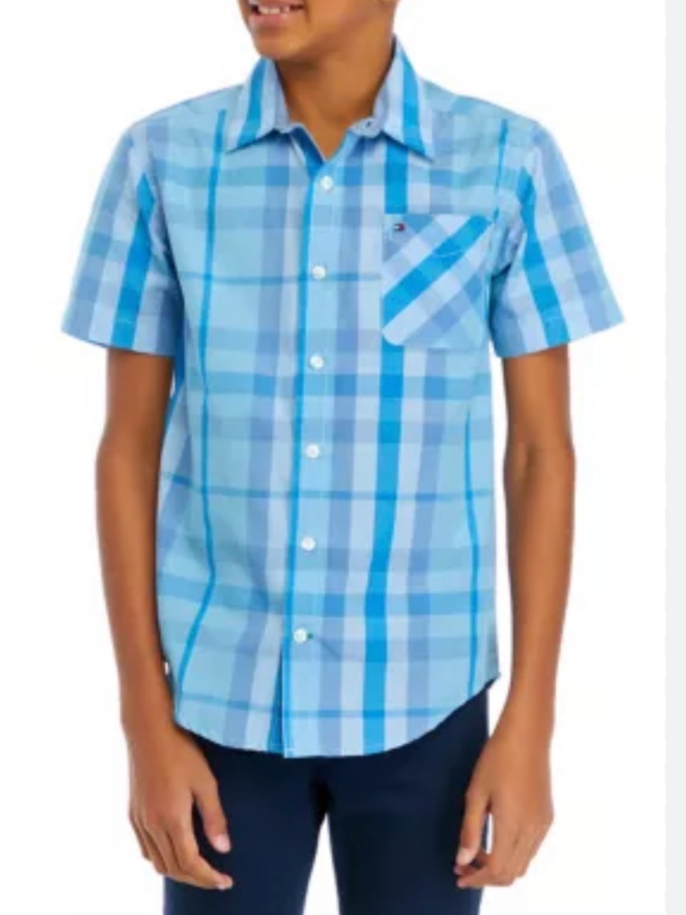 Tommy Hilfiger Light Blue and Aqua Plaid Short-Sleeve Button-Down